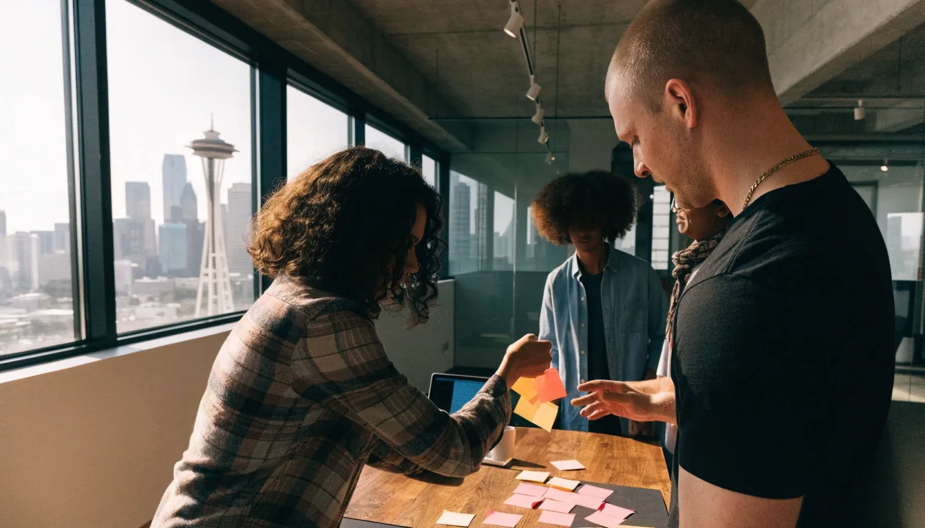 A team sorting handwritten priority notes into two stacks while outlining project scope