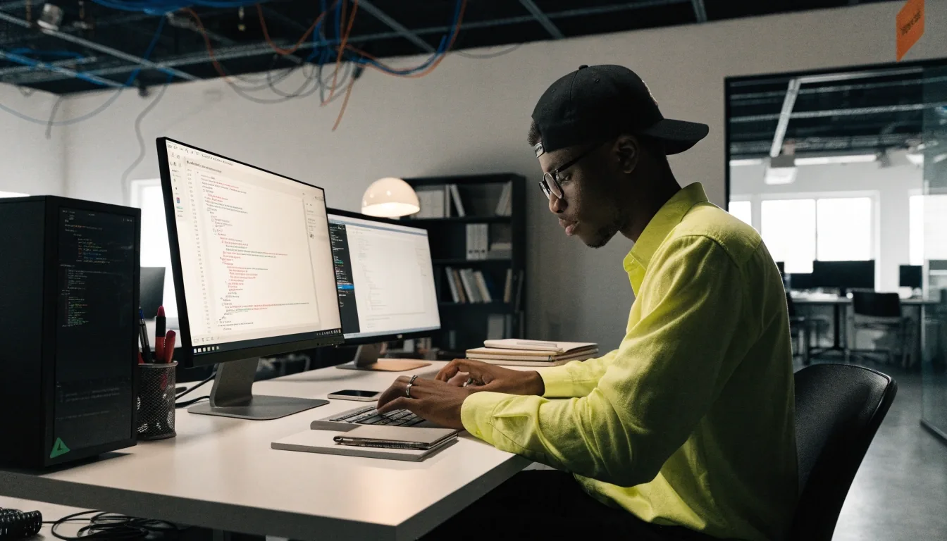 Developers comparing two framework projects at a Seattle workspace
