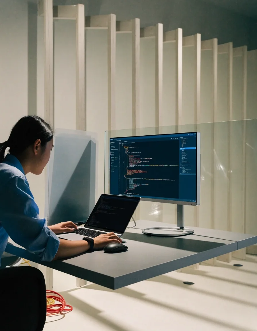 Developers sketching a service architecture diagram on a glass wall in an open office